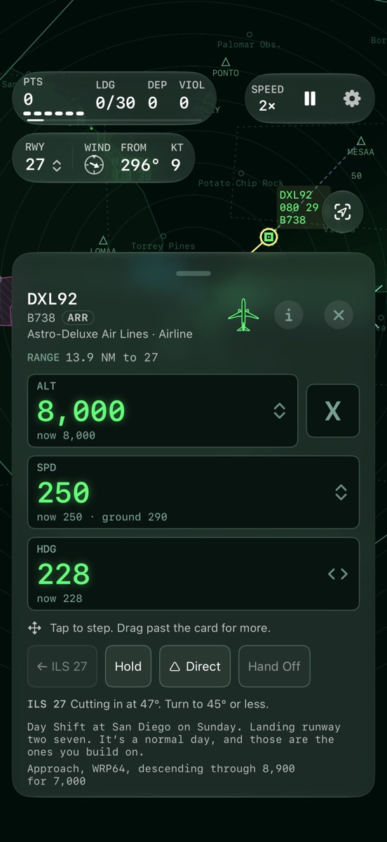 The card for a selected plane, with altitude, speed and heading